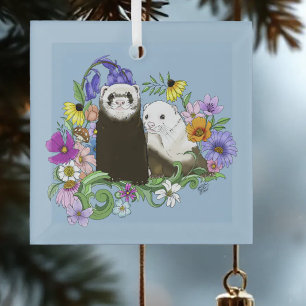 Sweet Whimsical Blue Cute Floral Ferrets Pair Glass Tree Decoration