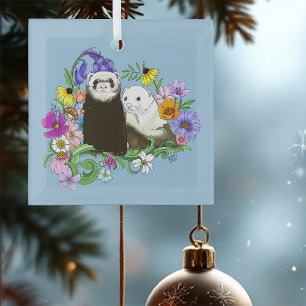 Sweet Whimsical Blue Cute Floral Ferrets Pair Glass Tree Decoration