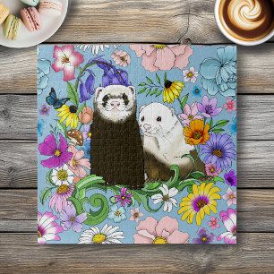 Sweet Whimsical Blue Cute Floral Ferrets Pair Jigsaw Puzzle
