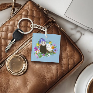 Sweet Whimsical Blue Cute Floral Ferrets Pair Key Ring
