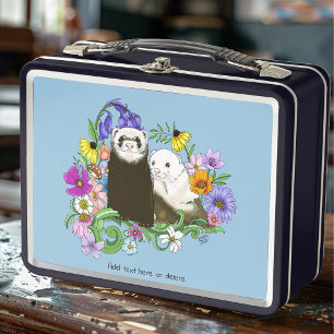 Sweet Whimsical Blue Cute Floral Ferrets Pair  Metal Lunch Box