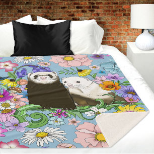 Sweet Whimsical Blue Cute Floral Ferrets Pair Sherpa Blanket