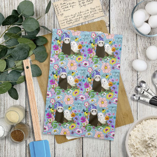 Sweet Whimsical Blue Cute Floral Ferrets Pair  Tea Towel