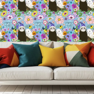Sweet Whimsical Blue Cute Floral Ferrets Pair  Wallpaper