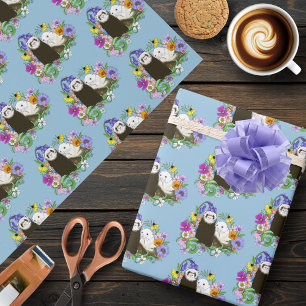 Sweet Whimsical Blue Cute Floral Ferrets Pair Wrapping Paper