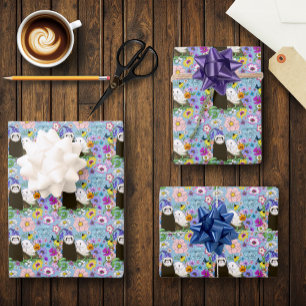 Sweet Whimsical Blue Cute Floral Ferrets Pair  Wrapping Paper Sheet