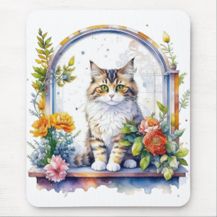 Sweet Whimsical Cat in Window of Flowers   Mouse Mat