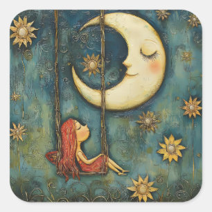 Sweet Whimsical Girl on a Swing and Celestial Moon Square Sticker