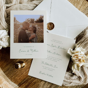 Sweet Whimsical Ivory and Sage Green Photo Wedding Invitation