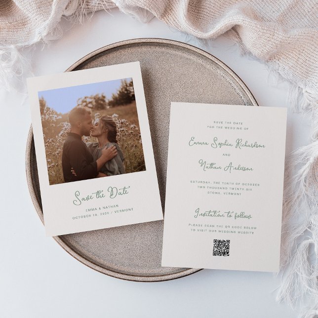 Sweet Whimsical Ivory and Sage | Photo and QR Code Save The Date (An elegant, ivory cream save the date card with sage green text)