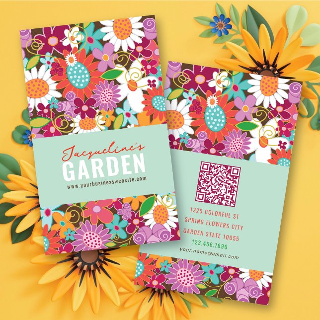 Sweet Whimsical Spring Flowers Colourful Garden Business Card (Sweet & Bright Whimsical Colorful Spring Flowers Garden Business / Profile Card @ fat_fa_tin)