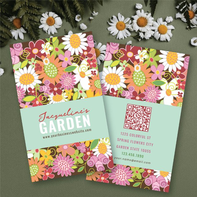 Sweet Whimsical Spring Flowers Colourful Garden Business Card (Sweet Whimsical Colorful Pink Spring Flowers Garden Business / Profile Card @ fat_fa_tin)