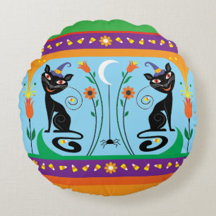 Sweet Whiskers and Spooky Blooms Round Cushion