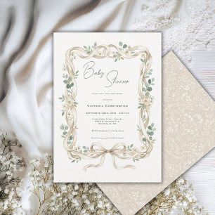 Sweet White Brown Floral Vintage Baby Shower Invitation