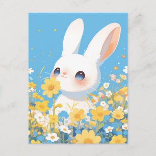 Sweet White Bunny in Sunny Wildflower Meadow Postcard