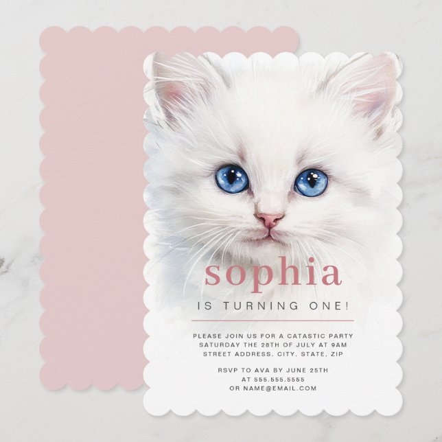 Sweet White Cat First Birthday Party Invitation  (Front/Back)