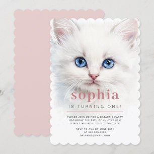 Sweet White Cat First Birthday Party Invitation