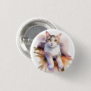 Sweet White Cat Watercolor Illustration 3 Cm Round Badge
