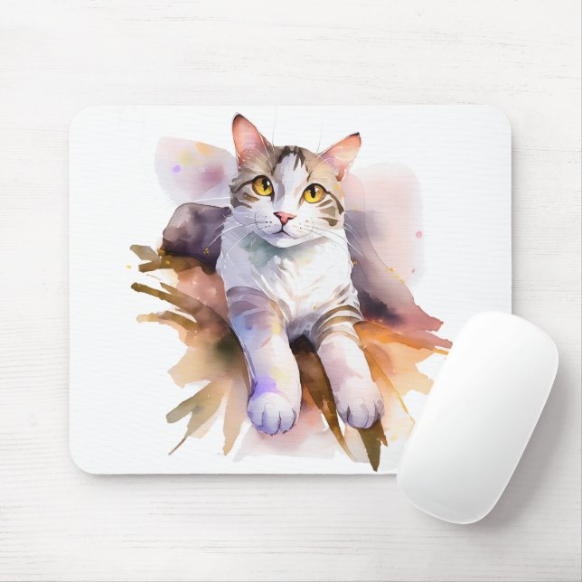 Sweet White Cat Watercolor Illustration Mouse Mat (With Mouse)