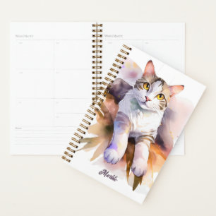 Sweet White Cat Watercolor Illustration Planner