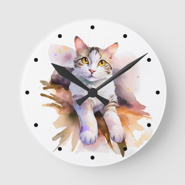 Sweet White Cat Watercolor Illustration Round Clock (Front)