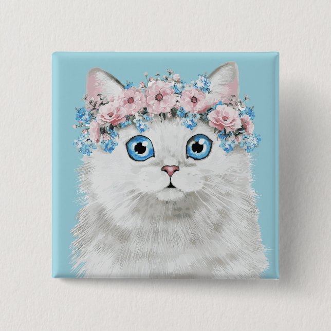 Sweet White Floral Cat 15 Cm Square Badge (Front)