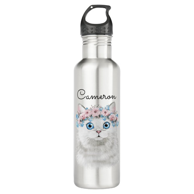 Sweet White Floral Cat | Add Your Name 710 Ml Water Bottle (Front)
