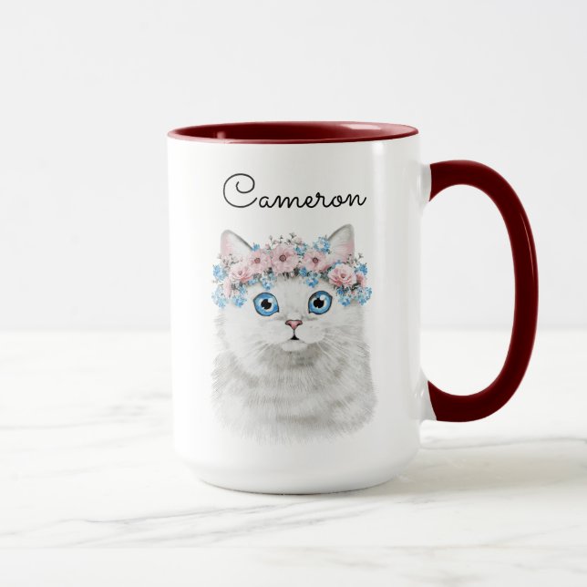 Sweet White Floral Cat | Add Your Name Mug (Right)