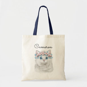Sweet White Floral Cat   Add Your Name Tote Bag