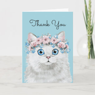 Sweet White Floral Cat   Add Your Text Card