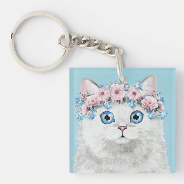 Sweet White Floral Cat Key Ring (Front)