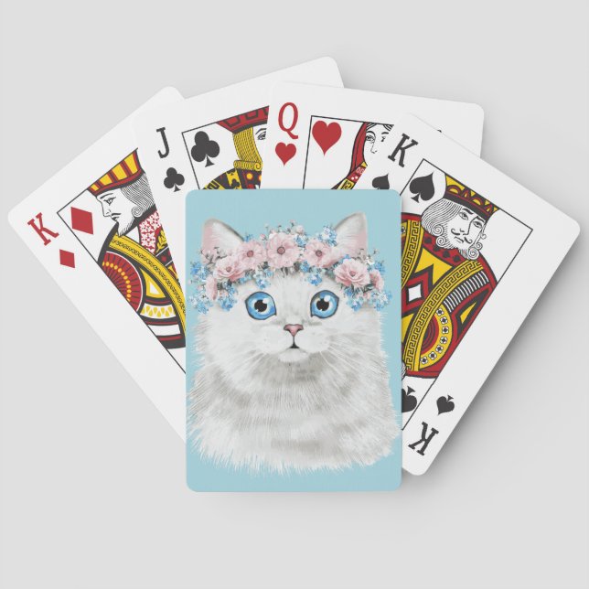 Sweet White Floral Cat Playing Cards (Back)