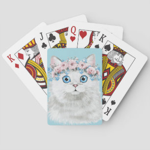 Sweet White Floral Cat Playing Cards