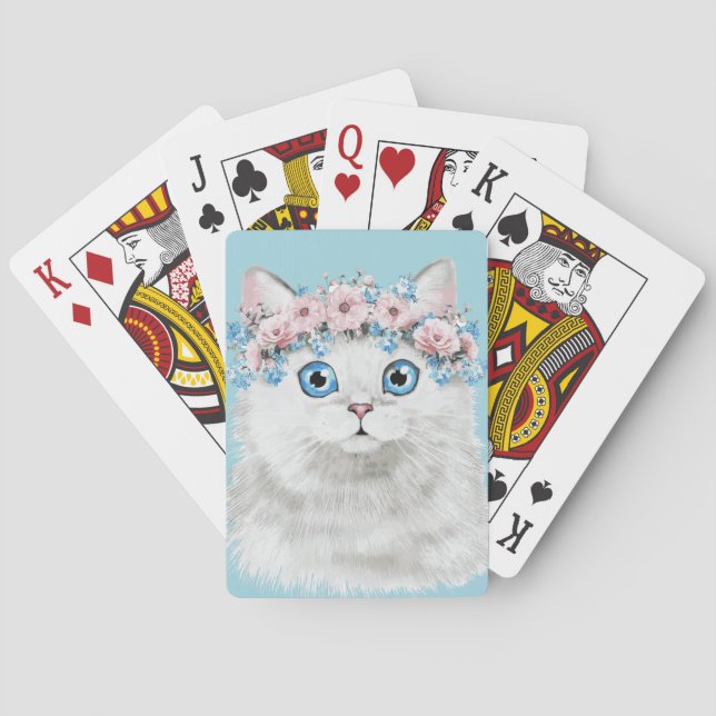 Sweet White Floral Cat Playing Cards (Back)