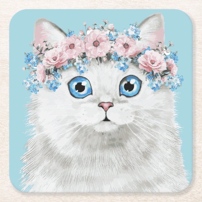 Sweet White Floral Cat Square Paper Coaster (Front)