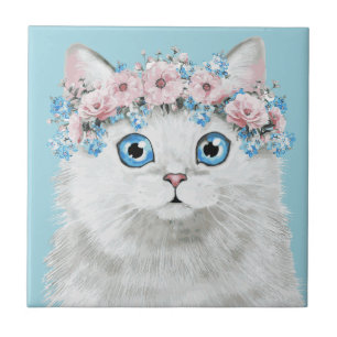 Sweet White Floral Cat Tile
