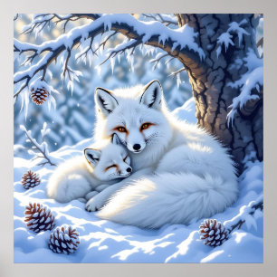 Sweet White Foxes in the Snow Poster
