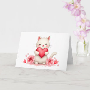 Sweet White Kitten with Red Heart Valentine Blank  Card