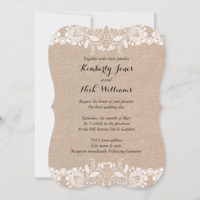 Sweet White Lace Burlap Wedding Invitation (Front)