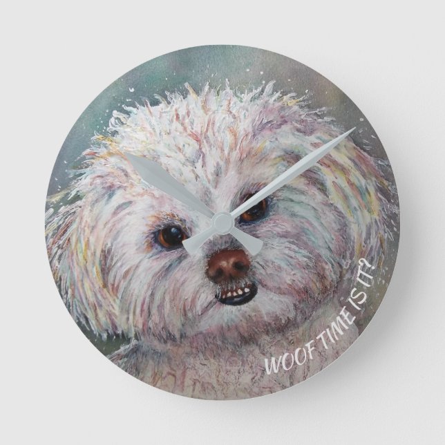 SWEET WHITE MALTESE YORKIE MIX ROUND CLOCK (Front)
