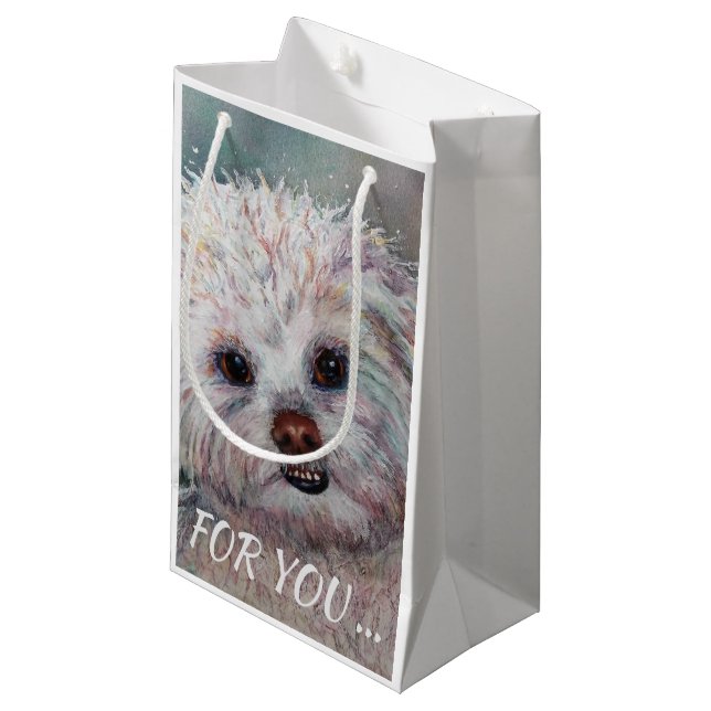SWEET WHITE MALTESE YORKIE MIX SMALL GIFT BAG (Front Angled)