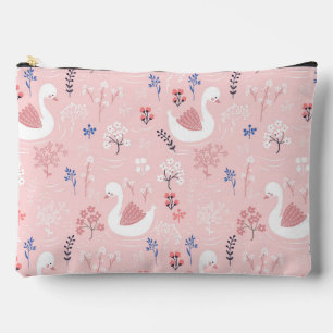 Sweet White Swans On Pastel Pink Floral Ballet Accessory Pouch