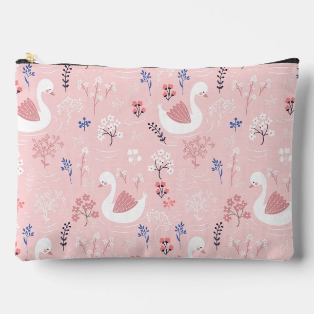 Sweet White Swans On Pastel Pink Floral Ballet Accessory Pouch (Front)