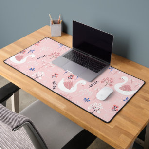 Sweet White Swans On Pastel Pink Floral Ballet Desk Mat
