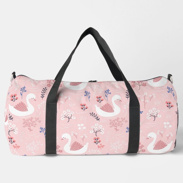 Sweet White Swans On Pastel Pink Floral Ballet Duffle Bag (Front)