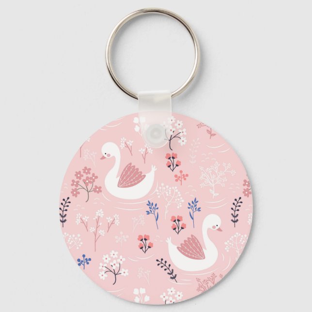 Sweet White Swans On Pastel Pink Floral Ballet Key Ring (Front)