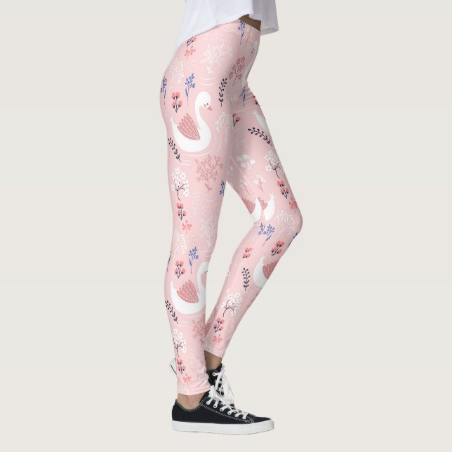 Sweet White Swans On Pastel Pink Floral Ballet Leggings (Right)