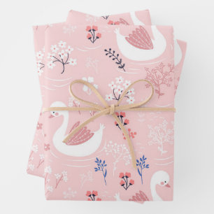 Sweet White Swans On Pastel Pink Floral Ballet Wrapping Paper Sheet