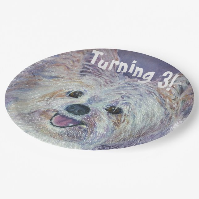 Sweet White Yorkie Turning 3 PARTY Paper Plate (Angled)