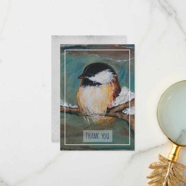 Sweet Winter Chickadee Bird Painting Thank You Card (Front/Back In Situ)